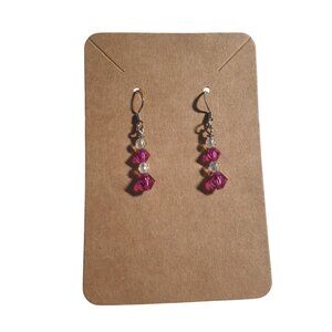 Beaded Glass Crystal Dangle Earrings Pink Clear Handmade Elegant Gift Jewelry